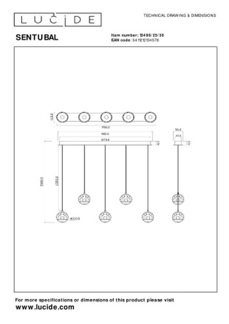 Lucide SENTUBAL - Závesné svietidlo - LED Dim. - 5x5,3W 2700K - Čierna